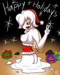  2019 black_sclera bodily_fluids breasts butt christmas clothing costume crossgender delirium_(tboi) digital_media_(artwork) female gift_box glowing glowing_eyes goo_(disambiguation) goo_creature hair hat headgear headwear holidays looking_at_viewer medium_breasts nipples open_mouth peace_sign_(disambiguation) santa_hat short_hair simple_background slime smile solo standing star the_binding_of_isaac_(series) unknownlewder video_games white_body white_hair white_skin wide_hips yellow_eyes 