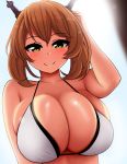  1girl bangs bikini bikini_top blush breasts brown_hair cleavage collarbone eyebrows_visible_through_hair from_below hand_on_own_head highres kantai_collection large_breasts looking_at_viewer mutsu_(kantai_collection) short_hair smile swimsuit the_only_shoe white_bikini yellow_eyes 