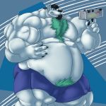  1:1 4_fingers anthro chest_tuft clothing container fierglief fingers flexing grin hi_res macro male mammal musclegut muscular smile tuft underwear ursid vein 