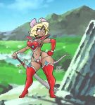  anthro armor blurred_background boots buckteeth clothed clothing collar female footwear hand_on_hip hi_res high_heels holding_object holding_sword holding_weapon lapinbeau legwear looking_back mammal melee_weapon mountain mouse murid murine navel ninjabunneh rodent shoes skimpy solo standing sword teeth thigh_highs unconvincing_armor weapon 