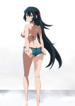  1girl absurdres aqua_eyes ass bikini black_hair breasts commentary_request from_behind green_bikini gundam gundam_build_divers gundam_build_divers_re:rise highres long_hair looking_at_viewer looking_back may_(gundam_build_divers_re:rise) medium_breasts shiny shiny_hair shiny_skin side-tie_bikini solo standing swimsuit tonotyama 