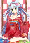  1girl animal_ears bare_shoulders blue_hair bow breasts chinese_zodiac cleavage collarbone commentary_request floral_print flower full_body hair_flower hair_ornament hand_up japanese_clothes kimono long_hair long_sleeves looking_at_viewer maki_soutoki medium_breasts mouse_ears obi off_shoulder original pink_flower print_kimono red_bow red_kimono sash sitting sleeves_past_fingers sleeves_past_wrists solo two_side_up very_long_hair wariza year_of_the_rat 