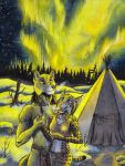  0laffson 2020 5_fingers anthro blue_eyes breasts canid canine canis clothed clothing detailed_background felid feline female fingers fur grey_body grey_fur hand_holding hi_res lynx male mammal night open_mouth outside sky star starry_sky teeth tongue traditional_media_(artwork) wolf yellow_eyes 