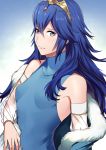  1girl ameno_(a_meno0) bangs blue_background blue_eyes blue_hair breasts commentary_request detached_sleeves eyelashes fire_emblem fire_emblem_awakening fur_trim gem gradient gradient_background hair_between_eyes long_hair looking_at_viewer lucina_(fire_emblem) off_shoulder see-through_sleeves shiny shiny_hair sidelocks sleeveless small_breasts solo tiara upper_body white_background 