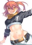  1girl bangs belt breasts brown_belt clothing_request commentary_request eyebrows_visible_through_hair fate/grand_order fate_(series) fujimaru_ritsuka_(female) hair_ornament hair_scrunchie large_breasts looking_at_viewer medium_hair midriff navel orange_hair orange_scrunchie pants rkp scrunchie side_ponytail simple_background smile solo white_background white_pants 