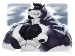  2019 4:3 abs anthro beard biceps big_muscles black_hair black_nipples black_nose black_sclera blue_body blue_fur body_hair canid canine canis chest_hair clothed clothing domestic_dog facial_hair fur green_eyes grin hair half-length_portrait hi_res huge_muscles looking_at_viewer male mammal monochrome muscular muscular_male nipples pecs portrait siriusdog smile solo striped_body striped_fur stripes teeth topless triceps white_body white_fur zekken 