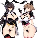  2girls animal_ears bangs black_gloves black_hair black_neckwear black_panties blush breasts brown_hair bunny_ears cleavage closed_mouth collarbone detached_collar elbow_gloves fingerless_gloves gloves green_eyes hairband harukon_(halcon) headgear heart highleg highleg_panties highres kantai_collection large_breasts long_hair looking_at_viewer multiple_girls mutsu_(kantai_collection) nagato_(kantai_collection) navel necktie one_eye_closed open_mouth panties red_eyes short_hair short_sleeves simple_background tray underbust underwear white_background wrist_cuffs 