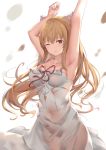  1girl armpits arms_up backlighting bangs bare_arms bare_shoulders bow breasts brown_eyes brown_hair cleavage collarbone commentary_request covered_navel cowboy_shot dress granblue_fantasy groin hair_bow large_breasts long_hair looking_at_viewer one_eye_closed red_ribbon revision ribbon see-through smile solo spaghetti_strap standing stretch suzuame_yatsumi vira_lilie white_background white_bow white_dress 