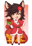  2019 anthro anthrofied belt big_breasts black_hair breasts chibi christmas cleavage clothed clothing deerling female flower fur gift hair hand_on_hip hi_res holidays hooves horae_deerling mistletoe nintendo one_eye_closed open_mouth plant pok&eacute;mon pok&eacute;mon_(species) robe sack short_stack smile solo video_games weeniewonsh wink winter_deerling 