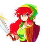  1girl absurdres blue_eyes closed_mouth genderswap genderswap_(mtf) green_headwear hat highres link link_(shounen_captain) long_hair pointy_ears red_hair shield solo sword the_legend_of_zelda the_legend_of_zelda_(nes) tunic weapon 