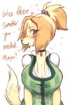  &lt;3 &lt;3_eyes animal_crossing anthro big_breasts blush breasts canid canine canis cleavage clothed clothing domestic_dog female fur hair hi_res isabelle_(animal_crossing) looking_at_viewer mammal napdust nintendo open_mouth shih_tzu smile solo text toy_dog video_games yellow_body yellow_fur 