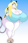  absurd_res big_breasts blouse bottomwear breasts butt clothing curvywoman feet felid female footwear hi_res high_heels liz_guadalupe macro macromastia mammal off_shoulder pantherine pants paws refference sandals shoes sonatadragon thick_thighs tiger white_tigress 