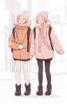  2girls bag black_legwear blonde_hair braid brown_eyes closed_eyes coat hat high_collar highres holding_hands jeff_macanoli long_hair looking_at_viewer mittens multiple_girls original outdoors pantyhose scarf simple_background smile snowing walking white_legwear 