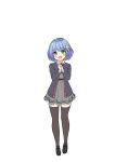  1girl :o asa_no_ha black_footwear blue_hair blush braid flat_color full_body green_eyes grey_skirt hair_ornament hands_together hands_up highres looking_at_viewer short_hair simple_background skirt solo standing star star_hair_ornament thighhighs white_background 