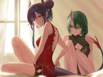  2girls arknights bare_legs black_dress blue_hair braid breasts brown_eyes ch&#039;en_(arknights) china_dress chinese_clothes cleavage cleavage_cutout closed_mouth double_bun dragon_horns dragon_tail dress eyebrows_visible_through_hair green_hair hair_over_shoulder highres horn horns hoshiguma_(arknights) indoors koio long_hair multiple_girls pink_eyes red_dress shorts_under_dress sidelocks single_braid sitting small_breasts tail 