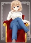  1girl armchair bangs blonde_hair blue_eyes blue_pants breasts chair chin_rest closed_mouth commentary crossed_legs denim eyebrows_visible_through_hair girls_und_panzer grey_legwear jeans katyusha_(girls_und_panzer) large_breasts long_sleeves looking_at_viewer older on_chair pants ribbed_shirt ryochapu shirt short_hair sitting smile socks solo turtleneck twitter_username 