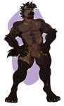  animal_genitalia anthro balls brown_body brown_fur brown_hair clothing clothing_aside fur genitals hair hi_res hyaenid joojoo loincloth loincloth_aside male mammal muscular muscular_male runir scar sheath solo 