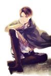  1boy artist_name blue_eyes boots brown_cloak brown_footwear brown_hair brown_jacket cloak closed_mouth dress_shirt hand_on_own_knee head_rest jacket knee_boots levi_(shingeki_no_kyojin) long_sleeves looking_at_viewer male_focus open_clothes open_jacket pants sakuragawanaa shingeki_no_kyojin shirt simple_background solo white_background white_pants white_shirt 