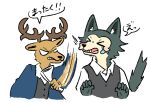  2020 anthro antlers beastars beastars_smkm blush bodily_fluids brown_body brown_fur canid canine canis cervid clothed clothing duo fur grey_body grey_fur hi_res horn japanese_text legoshi_(beastars) louis_(beastars) mammal simple_background speech_bubble tears text white_background wolf 