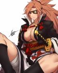  1girl airisubaka artist_name baiken breasts cleavage eyepatch guilty_gear highres japanese_clothes kimono large_breasts long_hair pink_eyes pink_hair ponytail sash sheath sheathed simple_background sitting solo sword weapon white_background 