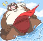  2020 anthro asian_clothing belly brown_body brown_fur canid canine clothing east_asian_clothing fundoshi fur goemon_(tas) hon55728 humanoid_hands japanese_clothing male mammal moobs nipples outside overweight overweight_male raccoon_dog solo tanuki tokyo_afterschool_summoners underwear video_games water 