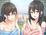  2girls :d bare_shoulders black_hair blush breasts brown_eyes cleavage collarbone day earrings hair_between_eyes highres jewelry looking_at_viewer medium_breasts medium_hair mole mole_under_eye multiple_girls open_mouth original ornament porch short_hair sliding_doors smile super_nagoyaka tatami upper_body wind_chime 