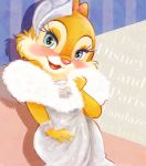  2018 anthro blue_eyes blush bracelet cheek_tuft chipmunk clarice_(disney) clothed clothing disney dress eyelashes facial_tuft female fur ground_squirrel half-closed_eyes hat headgear headwear jewelry jir_dis looking_at_viewer mammal narrowed_eyes open_mouth open_smile red_nose rodent sciurid simple_background smile tan_body tan_fur tuft white_clothing white_dress white_hat white_headwear 