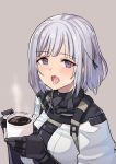  1girl black_ribbon blush coffee coffee_mug cup eyebrows_visible_through_hair girls_frontline gloves hair_ribbon highres holding holding_cup jacket justeeeeth mug open_mouth purple_eyes ribbon rpk-16_(girls_frontline) short_hair silver_hair simple_background suggestive_fluid white_jacket 