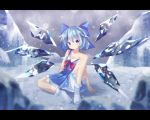  1girl bloomers blue_bow blue_dress blue_eyes blue_hair bow cirno commentary_request dress hair_bow ice ice_crystal ice_wings letterboxed off_shoulder ryogo snow snowing socks touhou underwear v-shaped_eyebrows white_legwear wings 