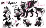  2020 4_toes absurd_res anthro black_body black_feathers canid canine digital_media_(artwork) feathered_wings feathers female feral fur hi_res hybrid mammal model_sheet myarukawolf nude pink_eyes solo standing toes white_body white_fur wings 