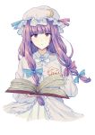  1girl blue_bow blue_ribbon blush book bow crescent crescent_hair_ornament dress frilled_sleeves frills hair_bow hair_ornament hat highres holding holding_book long_hair looking_at_viewer mob_cap open_book patchouli_knowledge purple_dress purple_eyes purple_hair red_bow red_ribbon ribbon simple_background solo tied_hair touhou upper_body uranaishi_(miraura) white_background 