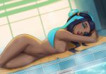  1girl absurdres areolae armpits ass blue_eyes blue_hair breasts dark_skin deilan12 eye_contact eyeshadow half-closed_eyes highres lipstick looking_at_another looking_at_viewer lying makeup nintendo nipples nude on_side paid_reward patreon_reward pokemon pokemon_(game) pokemon_swsh pool pose pubic_hair pussy rurina_(pokemon) small_breasts solo thick_thighs thighs water wide_hips 