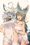  2girls ahoge animal_ear_fluff animal_ears bangs bare_shoulders blush breasts brown_hair cleavage collar commentary_request eyebrows_visible_through_hair fang full-face_blush green_eyes hair_between_eyes kuromiya kuromiya_raika large_breasts long_hair looking_at_another multicolored_hair multiple_girls naked_towel open_mouth original pinching shiromiya_asuka short_hair tail towel two-tone_hair white_background white_hair 