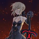  1girl artoria_pendragon_(all) bangs black_choker black_dress black_gloves black_ribbon blonde_hair braid breasts choker closed_mouth commentary dark_excalibur dark_persona dress elbow_gloves embers eyebrows_visible_through_hair fate_(series) french_braid frown gloves hair_ribbon holding holding_sword holding_weapon ikezawa_shin looking_at_viewer ribbon saber_alter short_hair small_breasts solo spaghetti_strap standing sword upper_body weapon yellow_eyes 