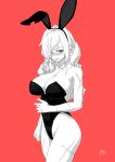 1girl absurdres animal_ears arm_scar bare_shoulders black_leotard blush breasts bunnysuit cleavage clenched_hand dated facial_scar fake_animal_ears hair_over_one_eye highres large_breasts leg_scar leotard looking_at_viewer megalobilly original red_background red_eyes scar solo standing 