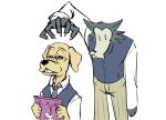  2019 anthro beastars bird_dog black_nose bottomwear brown_eyes buckteeth canid canine canis cheek_tuft clothed clothing crossover disney domestic_dog duo facial_tuft fully_clothed fur goofy_(disney) grey_body grey_fur holding_object humor hunting_dog jack_(beastars) labrador legoshi_(beastars) limehazard looking_at_another male mammal meme pants parody pornography retriever shirt simple_background tan_body tan_fur teeth topwear tuft white_background wolf 