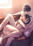  1boy 1girl barefoot blurry_foreground brown_hair closed_eyes couch couple green_eyes hand_on_another&#039;s_shoulder highres indoors levi_(shingeki_no_kyojin) long_sleeves lying mikasa_ackerman on_side open_mouth pants pillow red_scarf sakuragawanaa scarf shingeki_no_kyojin shiny shiny_hair shirt short_hair sleeping twitter_username white_pants white_shirt 