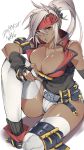  1girl arm_belt bare_shoulders belt belt_buckle black_gloves breasts brown_eyes buckle cleavage collarbone covered_navel dated fingerless_gloves fingernails genderswap genderswap_(mtf) gloves guilty_gear headgear highres kuma_(jk0073) long_hair muscle muscular_female parted_lips ponytail shiny shiny_skin signature simple_background socks sol_badguy solo thigh_strap thighhighs white_background white_hair white_legwear 