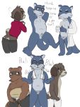  2018 animal_crossing anthro balls belly blue_body blush bottomwear brown_body brown_fur butt canid canine canis clothing cmmn-rwt digby_(animal_crossing) domestic_dog english_text eyes_closed eyewear fur genitals glasses group hi_res humanoid_penis lutrine lyle_(animal_crossing) male male/male mammal moobs mustelid navel nintendo nipples overweight overweight_male pants penis raccoon_dog robe shirt simple_background small_penis tanuki text tom_nook_(animal_crossing) topwear video_games white_background 