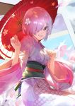  1girl :d eyebrows_visible_through_hair fate/grand_order fate_(series) hair_over_one_eye holding holding_umbrella japanese_clothes kimono long_sleeves looking_at_viewer mash_kyrielight mossi obi open_mouth oriental_umbrella pink_hair pink_kimono print_kimono purple_eyes red_umbrella sash shiny shiny_hair short_hair smile solo umbrella wide_sleeves yukata 