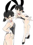  1girl animal_ears asimatosinosin ass bare_legs black_eyes black_footwear black_hair black_leotard bow bowtie bunny_ears bunny_tail check_commentary commentary_request cowboy_shot cuffs doraemon flat_chest full_body hair_between_eyes high_heels highres leotard looking_at_viewer medium_hair minamoto_shizuka multiple_views one_eye_closed open_mouth partial_commentary red_neckwear short_ponytail simple_background smile tail white_background 