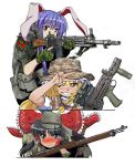  3girls ammunition_pouch animal_ears arisaka assault_rifle battle_rifle black_eyes black_hair blonde_hair blush bolt_action boonie_hat bow braid bullet_hole bullpup bunny_ears camouflage camouflage_hat commentary_request gloves gun hair_bow hair_tubes hakurei_reimu hat holding holding_weapon howa_type_64 kirisame_marisa l85 looking_at_viewer magazine_(weapon) military multiple_girls nakamura_3sou one_eye_closed pouch purple_eyes red_eyes reisen_udongein_inaba rifle short_sleeves simple_background single_braid smile touhou trigger_discipline type_38_rifle v v-shaped_eyebrows weapon white_background yellow_eyes 
