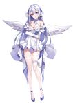  1girl angel_wings bangs blue_eyes blush breasts character_request cleavage copyright_request dress feathered_wings hand_on_own_arm large_breasts lavender_hair long_hair o-yatsu simple_background smile solo white_background white_dress white_wings wings 