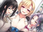  3girls :d ahoge bangs black_hair blonde_hair blue_bow blue_eyes blurry blurry_background blush bow braid breasts brown_bow brown_eyes check_artist cleavage clenched_hand ear_piercing earrings elevator fang fangs grey_hair gyaru hair_bow hair_ornament hairclip highres jewelry large_breasts long_hair looking_at_viewer medium_breasts multiple_girls necklace open_mouth parted_bangs piercing pink_eyes smile stud_earrings tongue tongue_out upper_body wasumi x_hair_ornament 