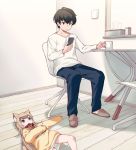  1boy 1girl 40hara animal_ear_fluff animal_ears bangs black_hair blonde_hair blunt_bangs cat_ears cat_tail cellphone chair chestnut_mouth clothes_writing collar commentary_request cup eyebrows_visible_through_hair green_eyes indoors kinako long_hair looking_at_another looking_at_phone lying mug on_back open_mouth original pet_collar phone red_collar shirt short_hair sitting slippers smartphone sweater table tail tissue_box white_shirt 