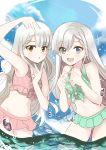  2girls :d arm_up bikini blue_eyes blush brown_eyes commentary_request day double_v frilled_bikini frills front-tie_bikini front-tie_top green_bikini grey_hair highres hisakawa_hayate hisakawa_nagi idolmaster idolmaster_cinderella_girls long_hair looking_at_viewer lunacats multiple_girls navel open_mouth parted_lips pink_bikini polka_dot polka_dot_bikini siblings sisters smile swimsuit twins v very_long_hair wading water water_drop 