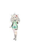 1girl ahoge arm_warmers asa_no_ha bangs bare_shoulders blue_eyes blush elf flower full_body grey_hair hair_flower hair_ornament hand_up highres long_hair looking_at_viewer parted_bangs pointy_ears single_thighhigh sketch solo standing thigh_strap thighhighs two_side_up white_hair 