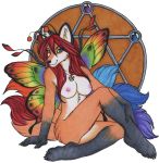  alynna antennae_(anatomy) anthro breasts canid canine canonical fairy female fox lepidopteran_wings looking_at_viewer luthien_nightwolf mammal multi_tail nipples nude rainbow solo wings 