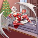 1:1 2019 anthro bell breasts christmas christmas_tree collar detailed_background door dragon female furniture gift growingdragon hair hi_res holding_object holidays inside lady_nora looking_at_viewer membrane_(anatomy) membranous_wings open_mouth open_smile reclining smile sofa solo tree twokinds webcomic white_body white_hair window wings yellow_eyes 
