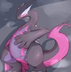  2020 anthro biped black_body black_scales blush bodily_fluids breath eyelashes fklow half-closed_eyes hi_res hybrid legendary_pok&eacute;mon long_neck narrowed_eyes nintendo open_mouth panting pink_body pink_scales pok&eacute;mon pok&eacute;mon_(species) salazzle salugia scales scalie shadow_lugia shadow_pok&eacute;mon simple_background smile solo sweat thick_tail tongue video_games 